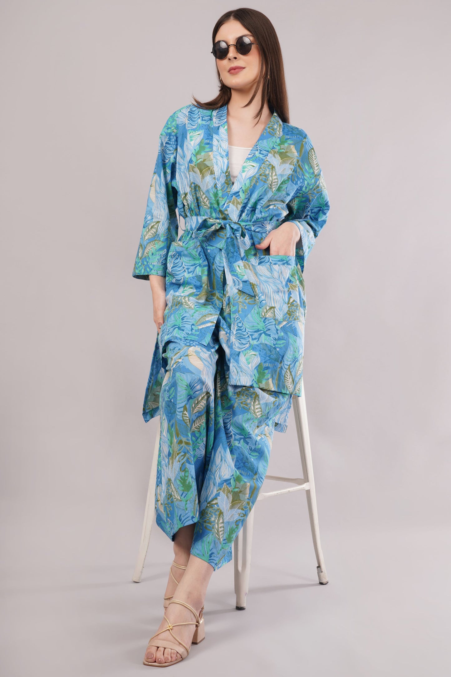 Tropical Blue Botanical Kimono Co-ord Set - 2-Piece Wrap Top & Wide Leg Pants