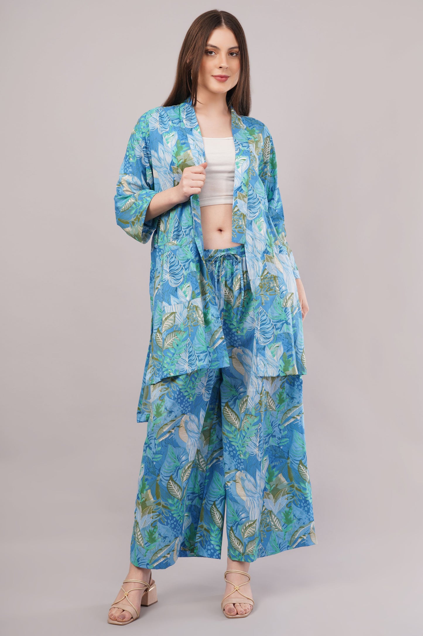 Tropical Blue Cotton Co-ord Set – Leafy Print with Wrap Top & Wide-Leg Pants