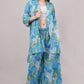 Tropical Blue Botanical Kimono Co-ord Set - 2-Piece Wrap Top & Wide Leg Pants