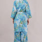 Tropical Blue Cotton Co-ord Set – Leafy Print with Wrap Top & Wide-Leg Pants