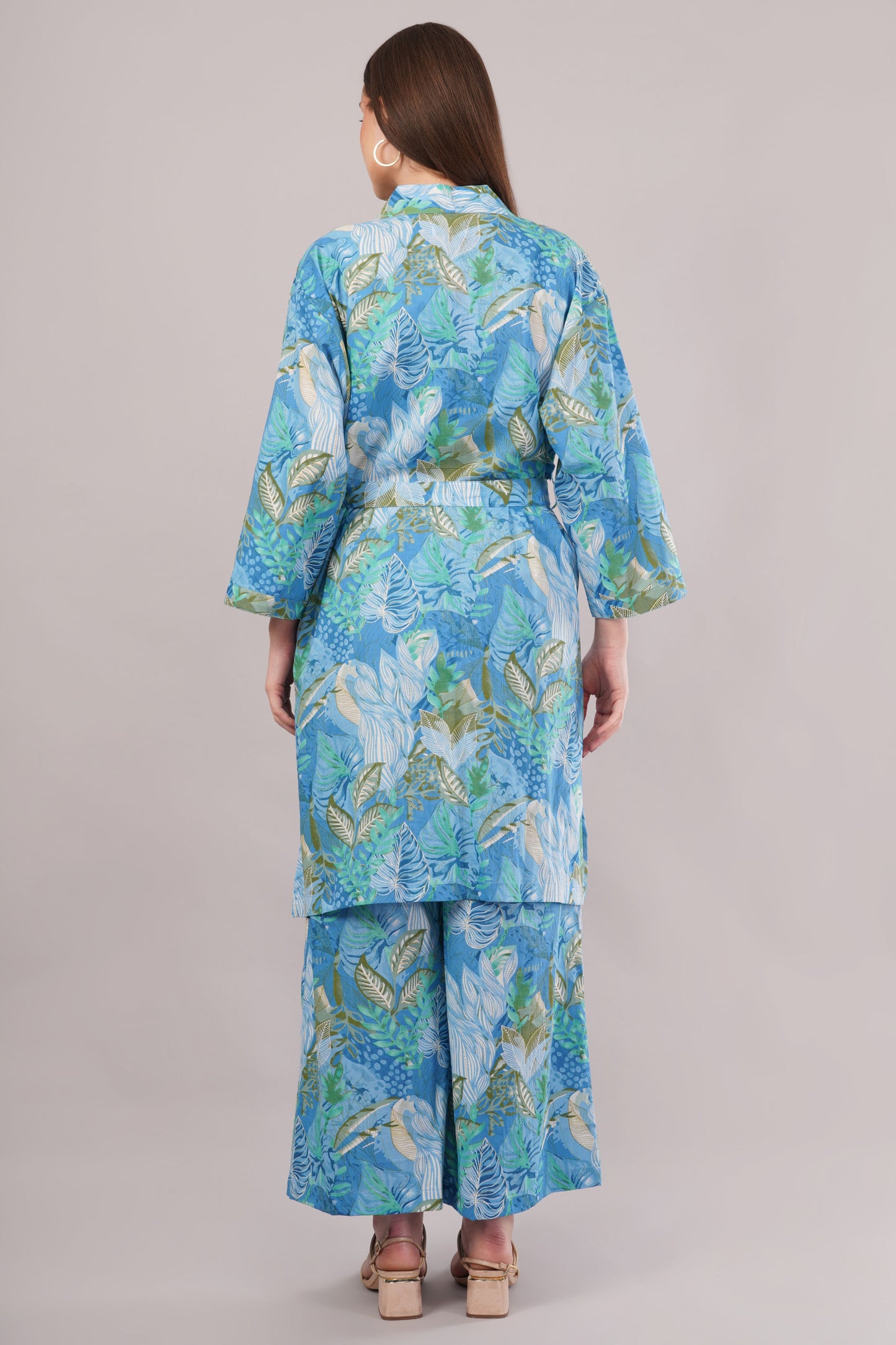 Tropical Blue Botanical Kimono Co-ord Set - 2-Piece Wrap Top & Wide Leg Pants