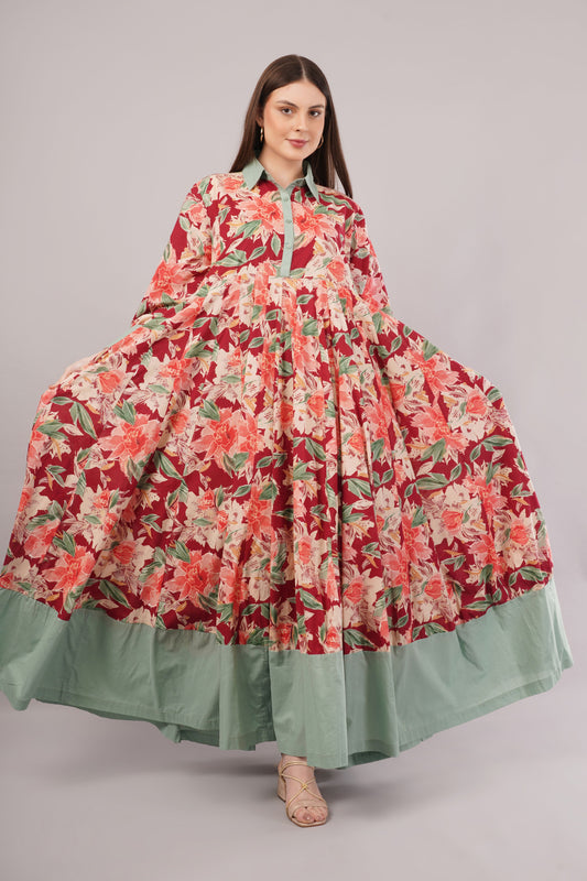 Red Floral Cotton Kaftan with Green Collar – Bold, Breezy & Stylish
