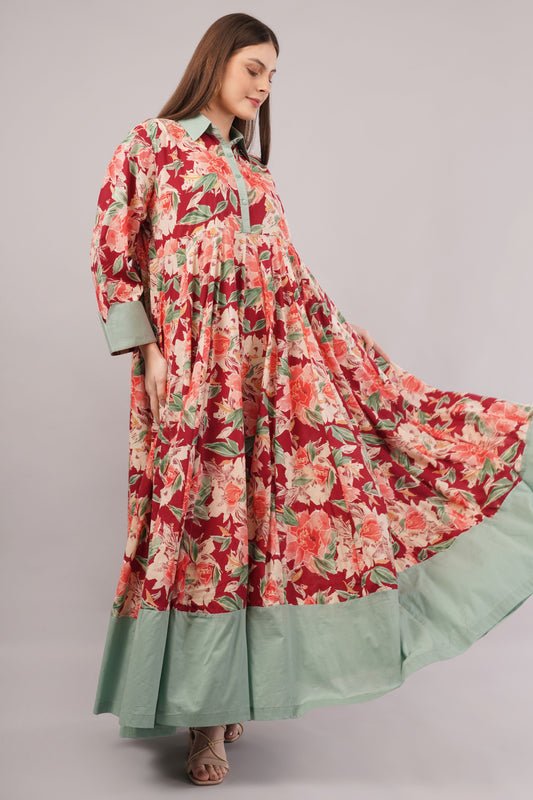 Red Floral Cotton Dress with Green Collar – Bold, Breezy & Stylish