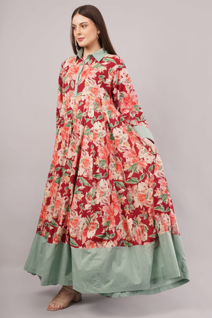 Red Floral Cotton Kaftan with Green Collar – Bold, Breezy & Stylish