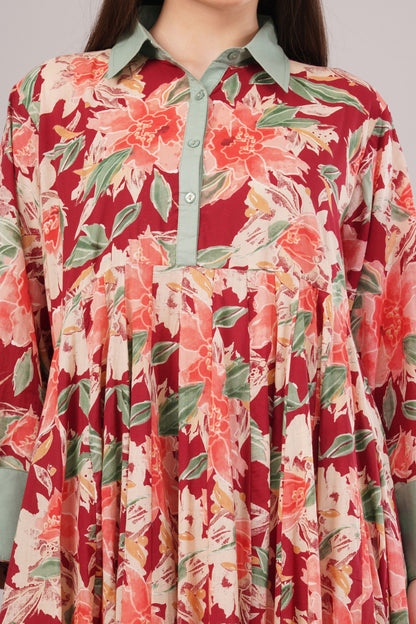 Red Floral Cotton Kaftan with Green Collar – Bold, Breezy & Stylish