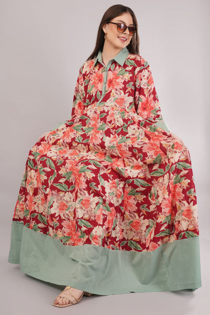Red Floral Cotton Kaftan with Green Collar – Bold, Breezy & Stylish