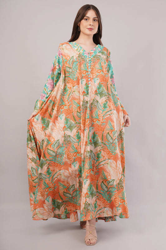 Tropical V-Neck Cotton Kaftan – Vibrant, Breezy & Buttoned Elegance