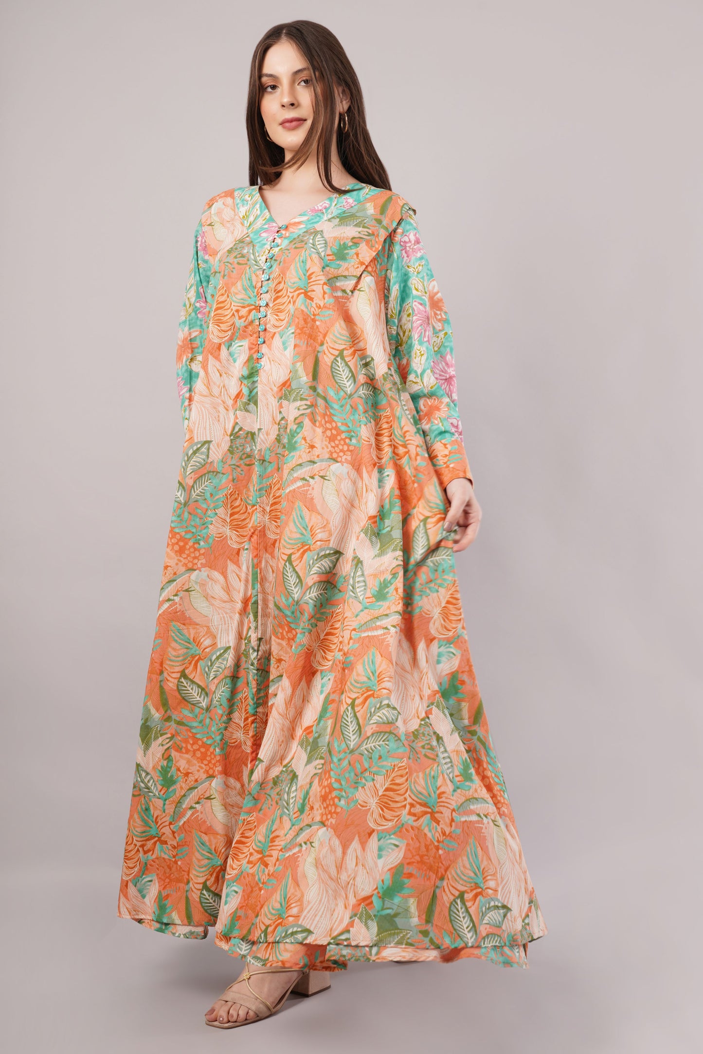 Tropical V-Neck Cotton Dress– Vibrant, Breezy & Buttoned Elegance