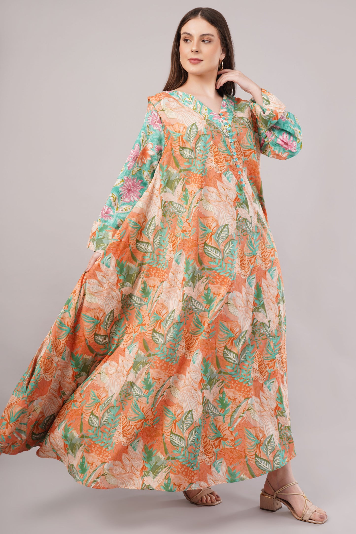 Tropical V-Neck Cotton Dress– Vibrant, Breezy & Buttoned Elegance