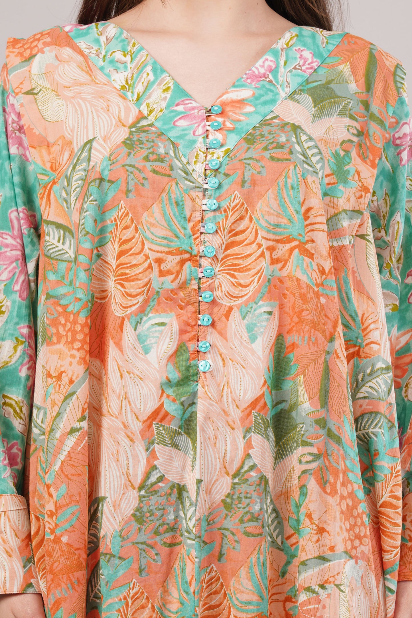 Tropical V-Neck Cotton Dress– Vibrant, Breezy & Buttoned Elegance