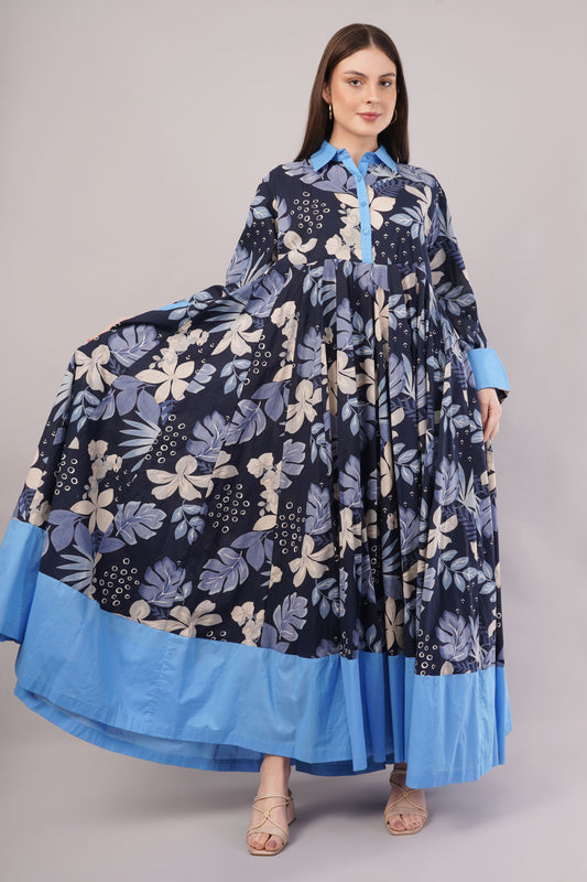 Navy Blue Floral Cotton Kaftan – Chic Comfort with Light Blue Trim