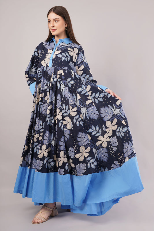 Navy Blue Floral Cotton Dress– Chic Comfort with Light Blue Trim