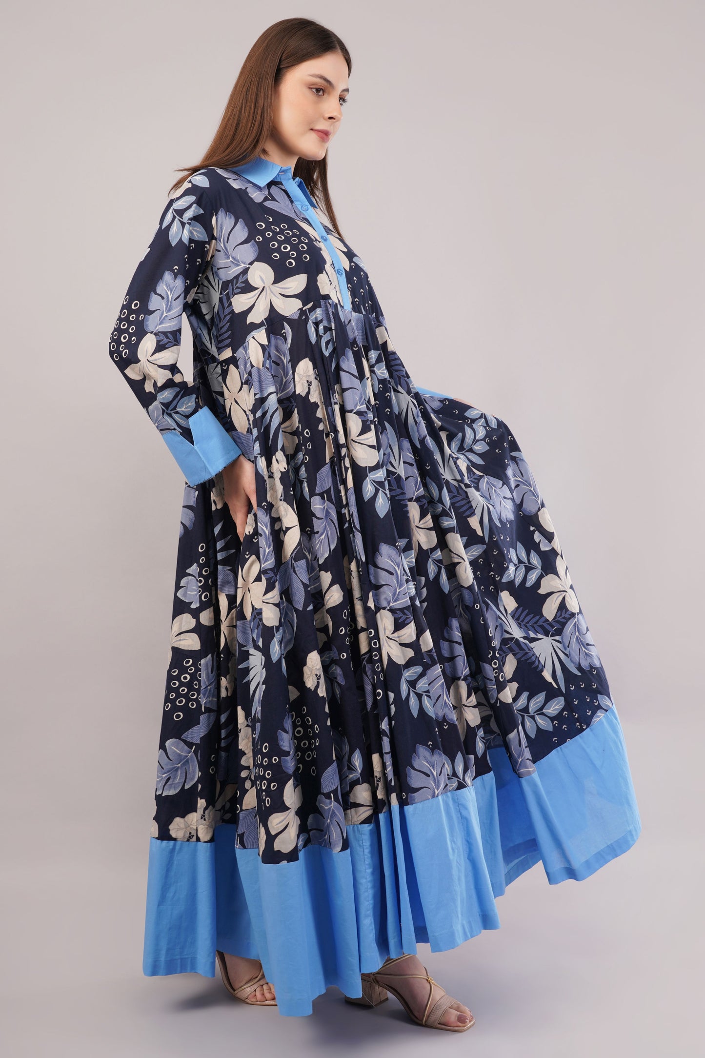 Navy Blue Floral Cotton Kaftan – Chic Comfort with Light Blue Trim