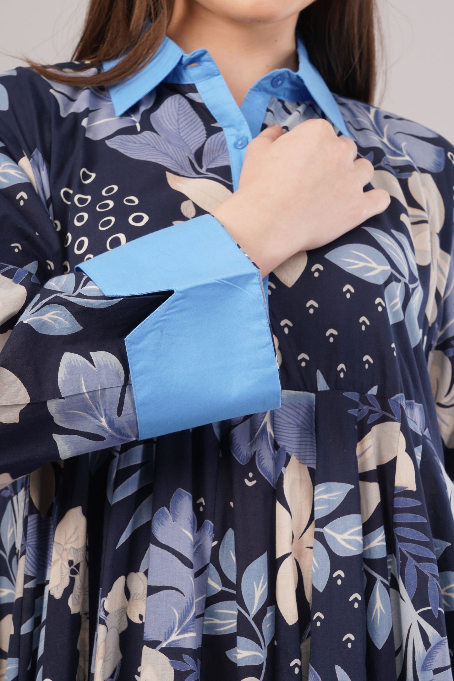 Navy Blue Floral Cotton Kaftan – Chic Comfort with Light Blue Trim