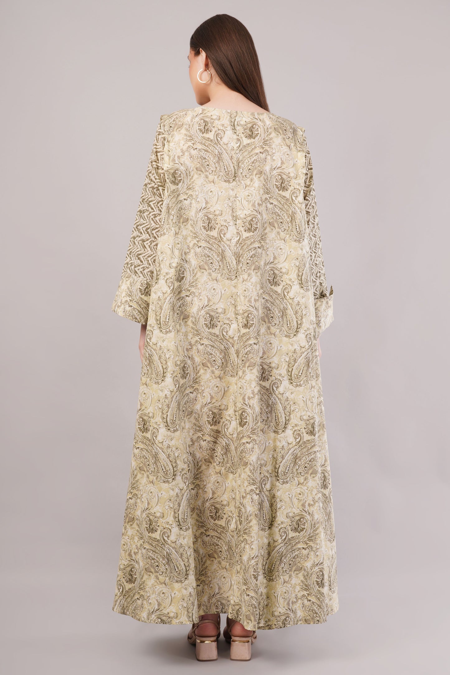 Paisley Cotton Dress– Earthy Elegance with Zigzag Sleeve Detail