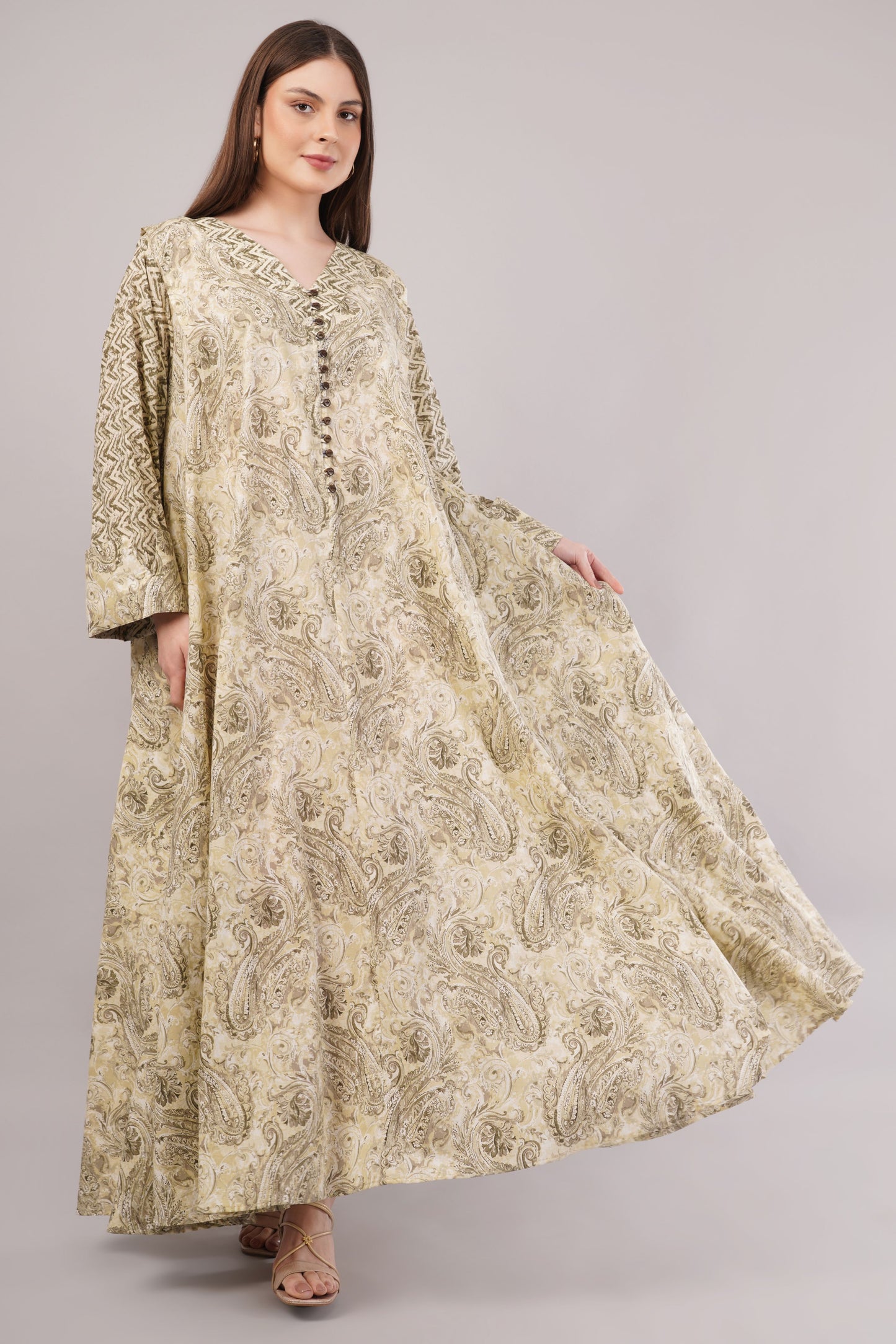 Paisley Cotton Dress– Earthy Elegance with Zigzag Sleeve Detail