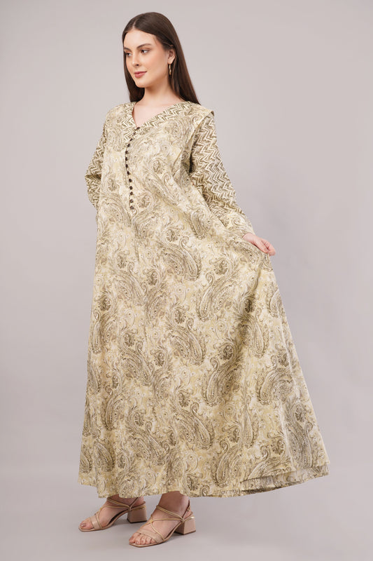 Paisley Cotton Dress– Earthy Elegance with Zigzag Sleeve Detail
