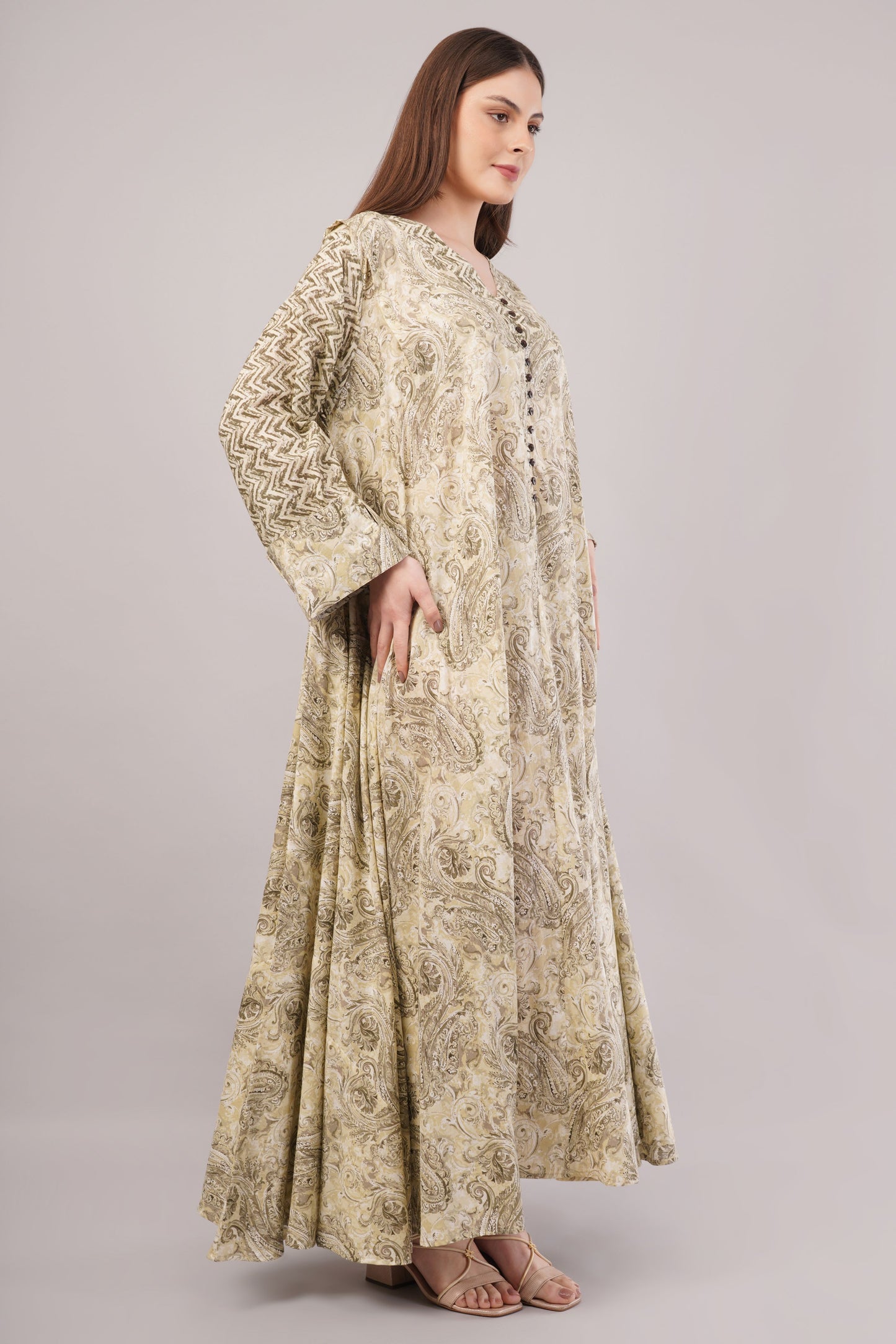 Paisley Cotton Dress– Earthy Elegance with Zigzag Sleeve Detail