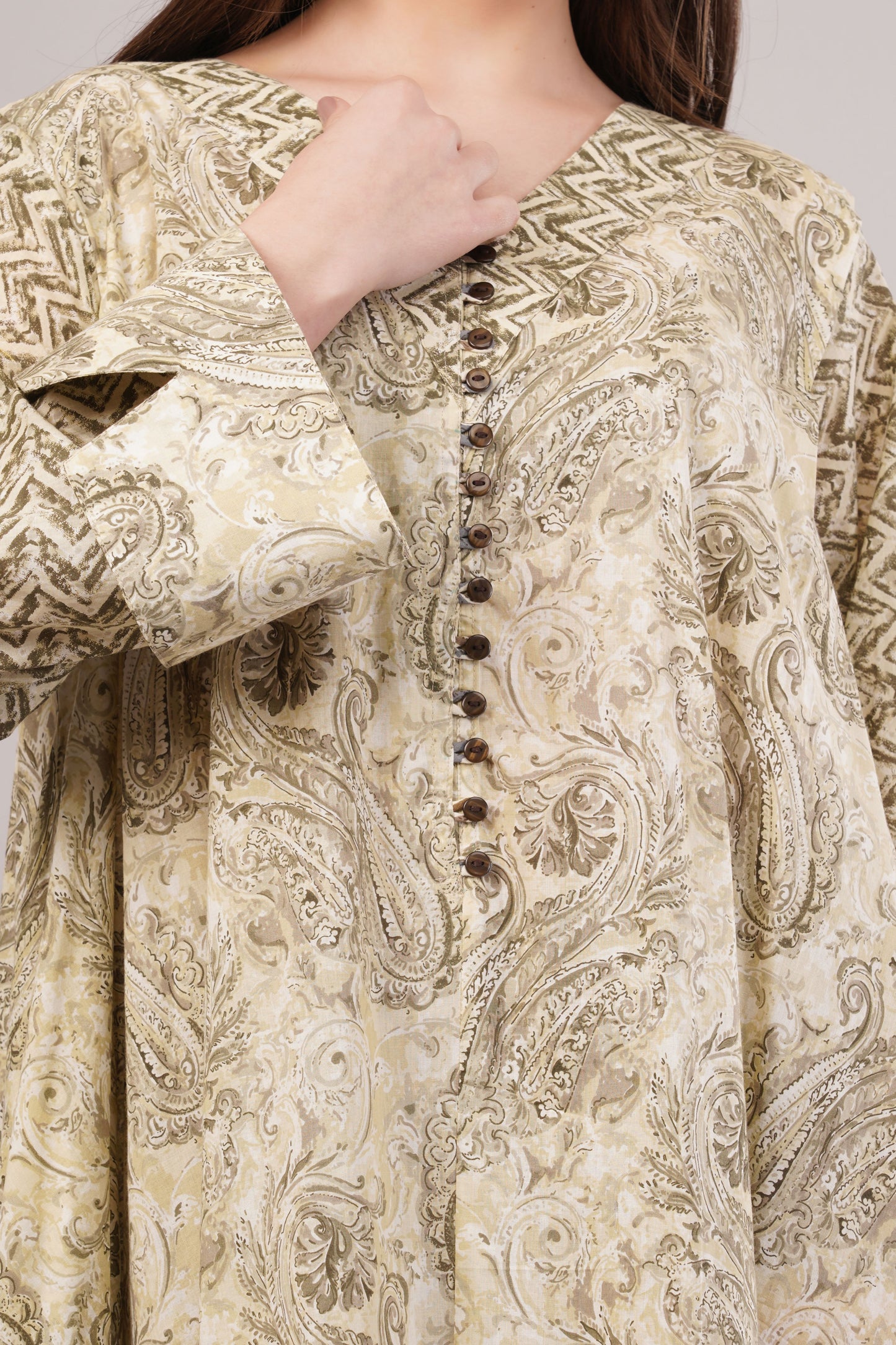 Paisley Cotton Dress– Earthy Elegance with Zigzag Sleeve Detail