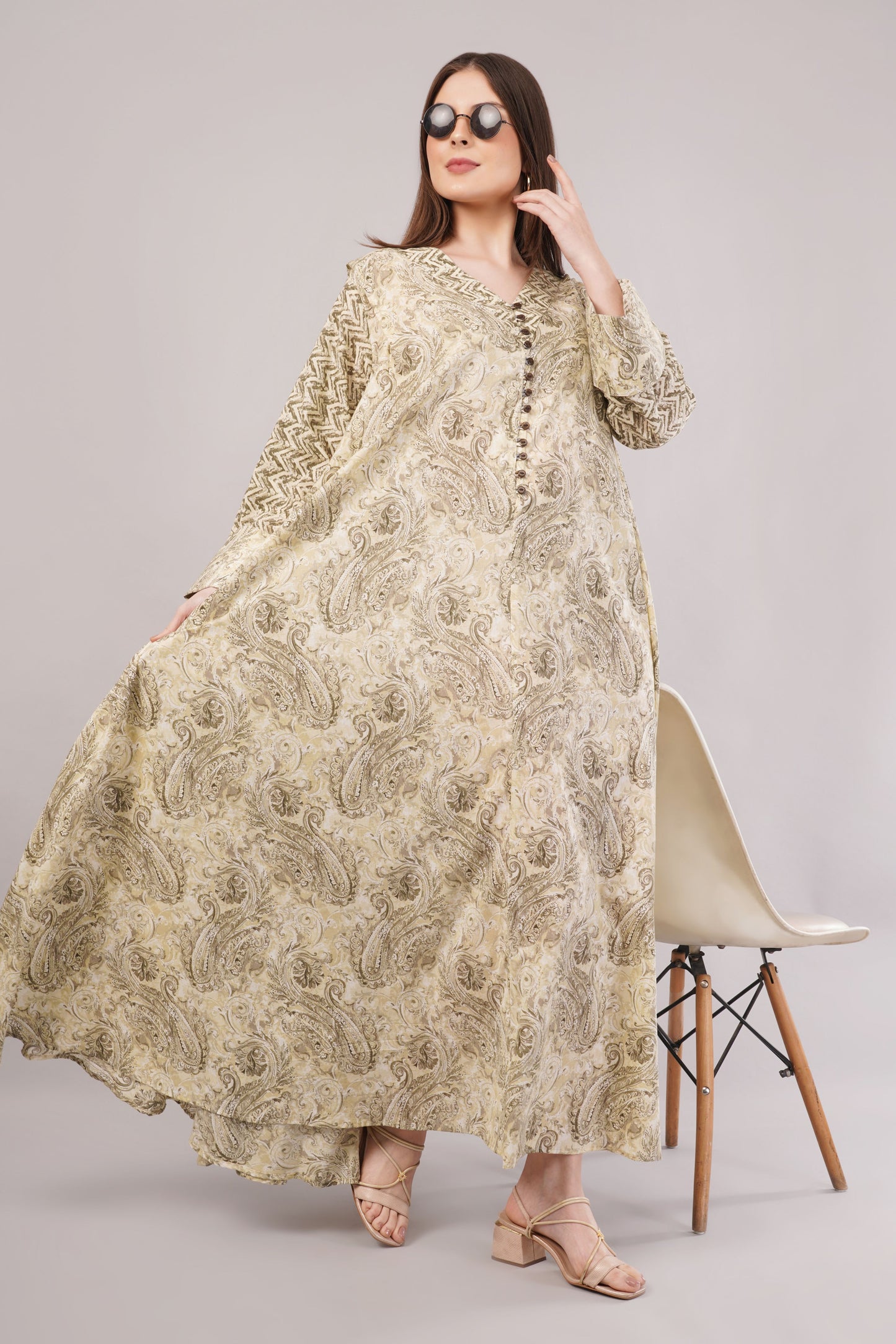 Paisley Cotton Dress– Earthy Elegance with Zigzag Sleeve Detail