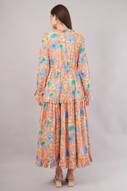 Peach Floral Cotton Kaftan – Soft Volume with Tiered Ruffle