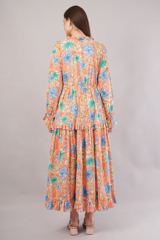 Peach Floral Cotton Dress– Soft Volume with Tiered Ruffle