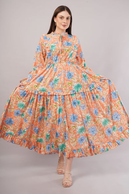 Peach Floral Cotton Kaftan – Soft Volume with Tiered Ruffle