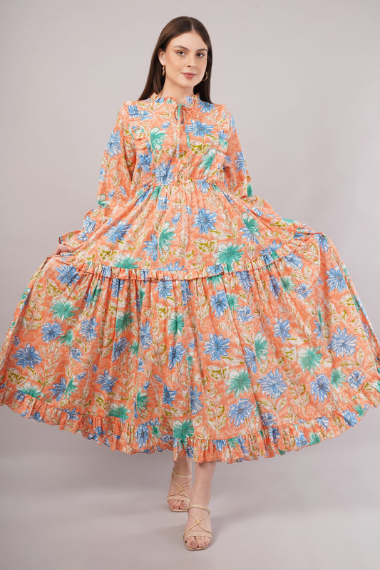 Peach Floral Cotton Kaftan – Soft Volume with Tiered Ruffle