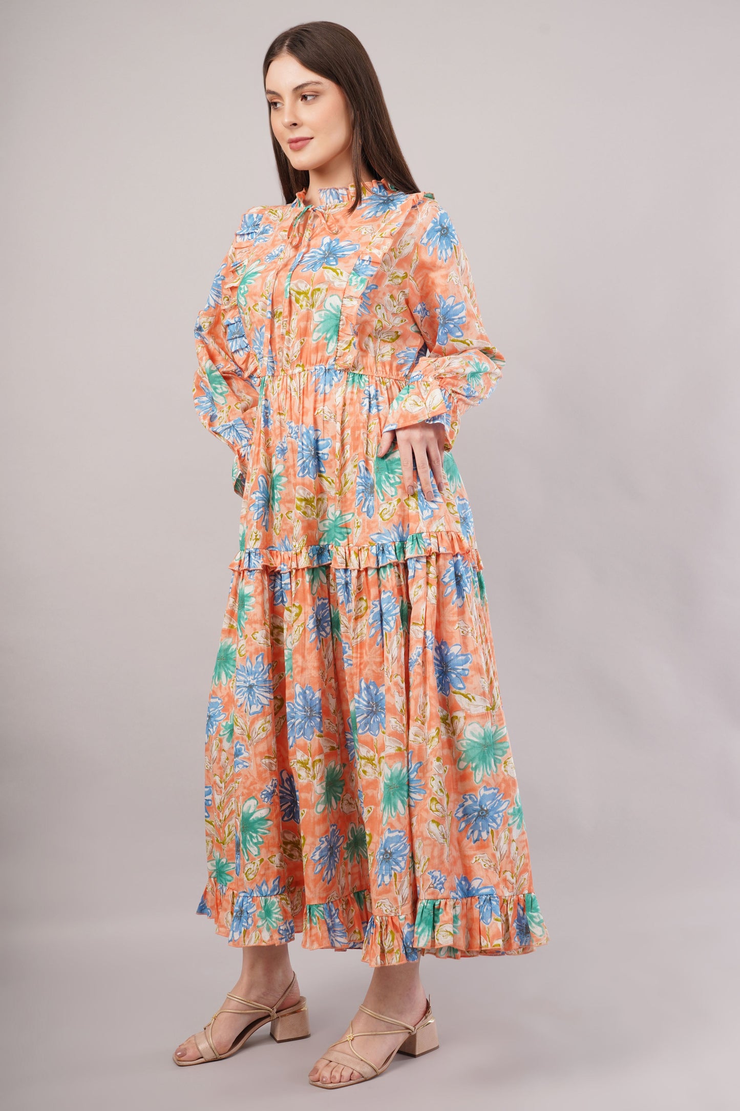 Peach Floral Cotton Kaftan – Soft Volume with Tiered Ruffle