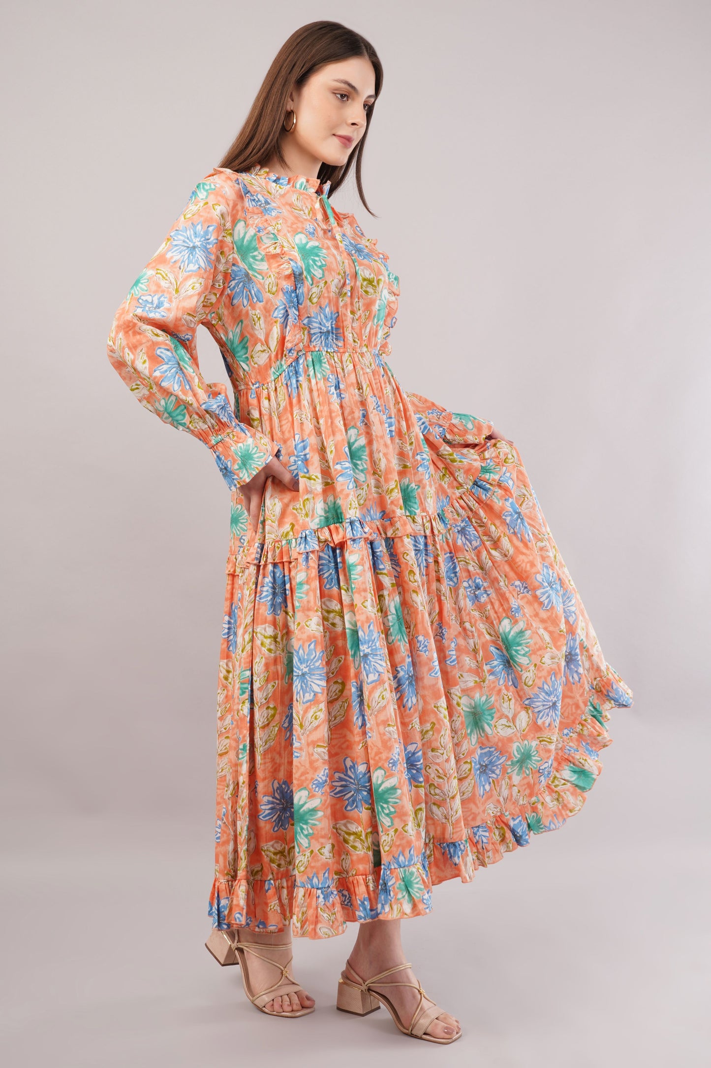 Peach Floral Cotton Kaftan – Soft Volume with Tiered Ruffle