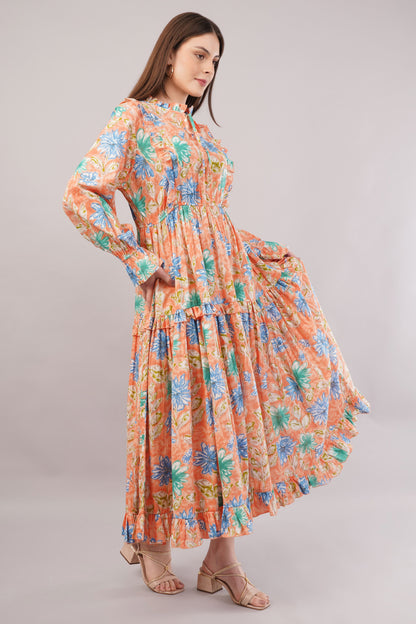 Peach Floral Cotton Kaftan – Soft Volume with Tiered Ruffle