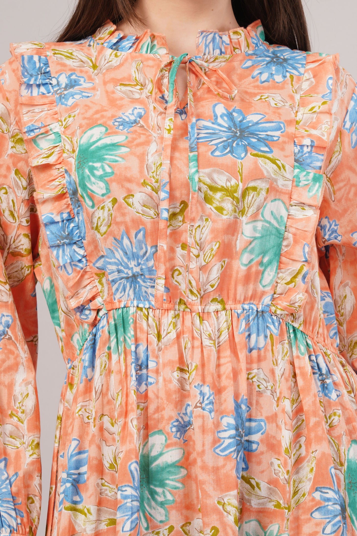 Peach Floral Cotton Kaftan – Soft Volume with Tiered Ruffle
