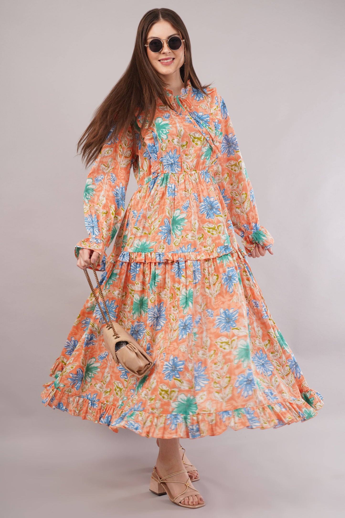 Peach Floral Cotton Kaftan – Soft Volume with Tiered Ruffle