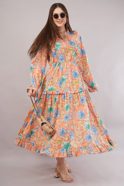 Peach Floral Cotton Kaftan – Soft Volume with Tiered Ruffle