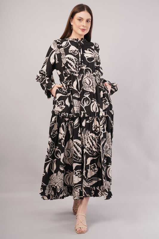 Black Floral Cotton Kaftan – Timeless Style with Pockets & Ruffle