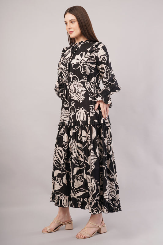 Black Floral Cotton Dress– Timeless Style with Pockets & Ruffle