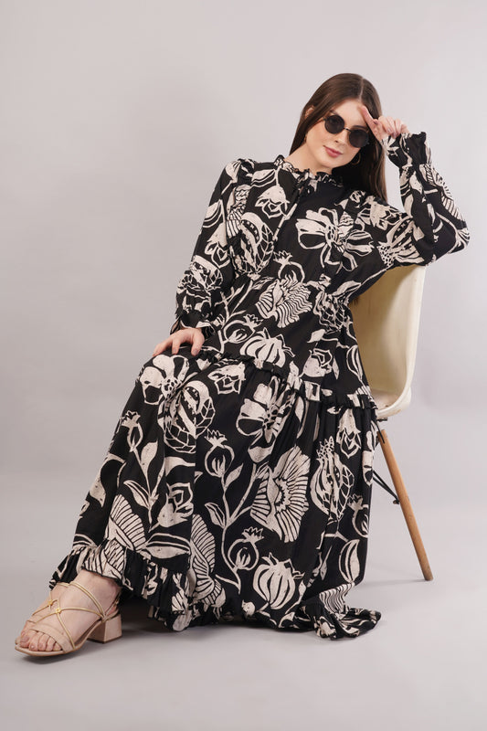 Black Floral Cotton Dress– Timeless Style with Pockets & Ruffle