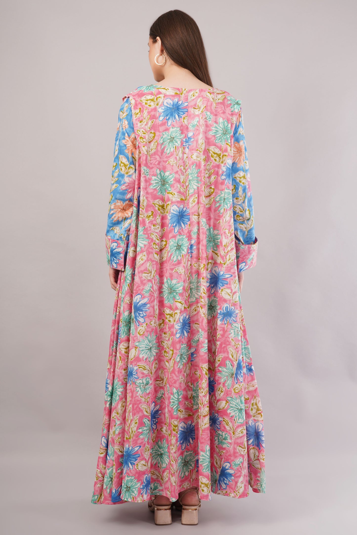 Pink Cotton Dress– Floral Fusion with Contrast Sleeve Detail