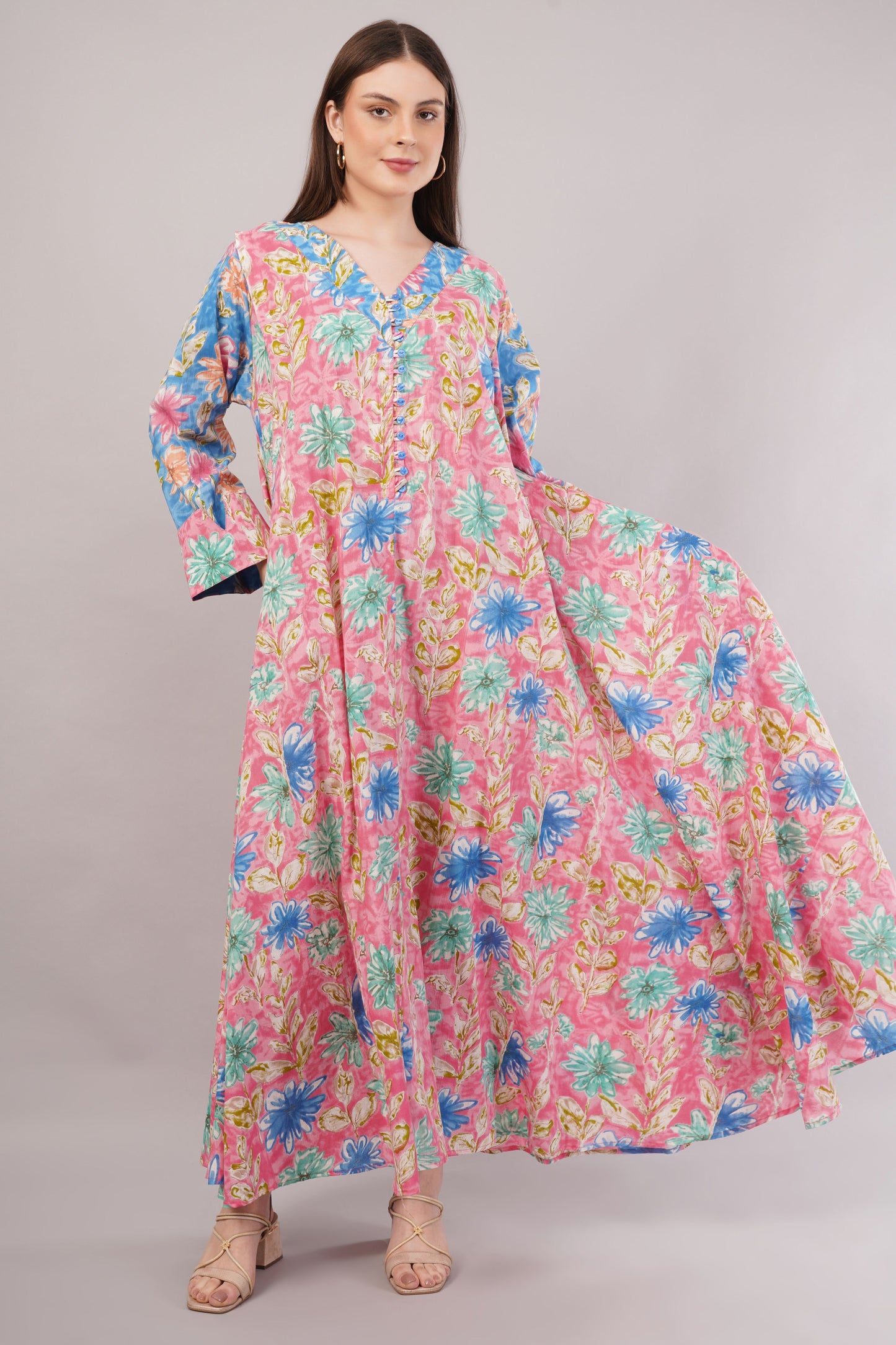 Pink Cotton Dress– Floral Fusion with Contrast Sleeve Detail