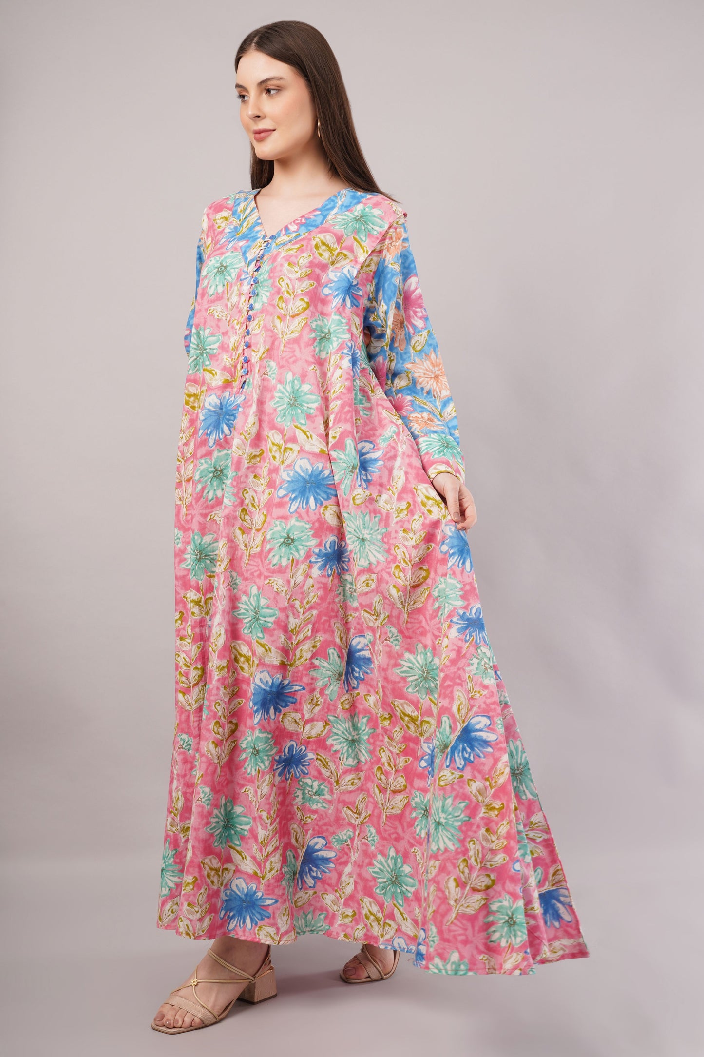 Pink Cotton Dress– Floral Fusion with Contrast Sleeve Detail
