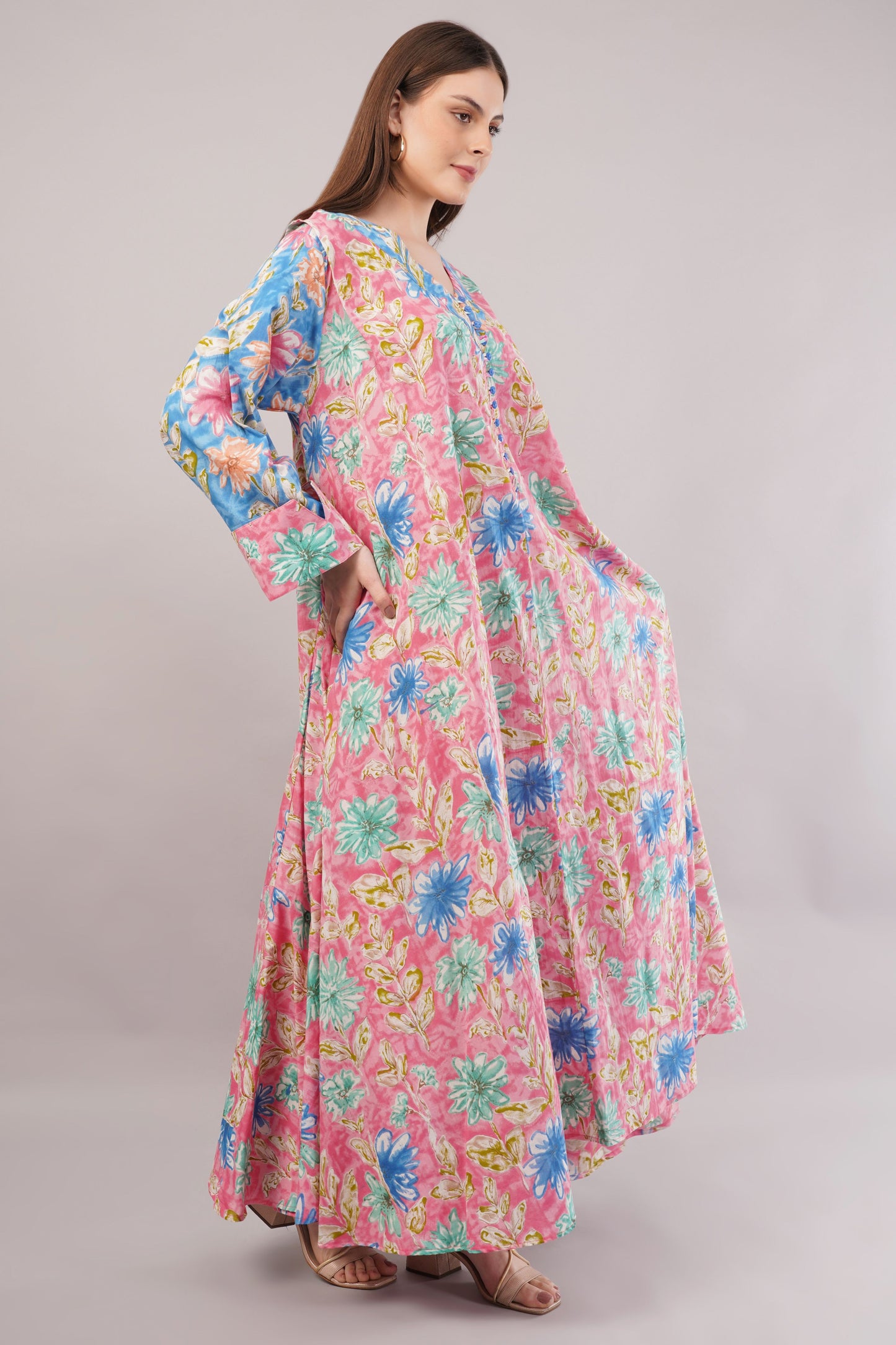 Pink Cotton Dress– Floral Fusion with Contrast Sleeve Detail
