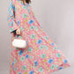 Pink Cotton Dress– Floral Fusion with Contrast Sleeve Detail