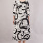 Monochrome Abstract Cotton Dress– Artistic Grid Print with High-Low Hem