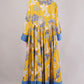 Yellow Floral Cotton Dress– Bright Blooms with Blue Collar & Hem