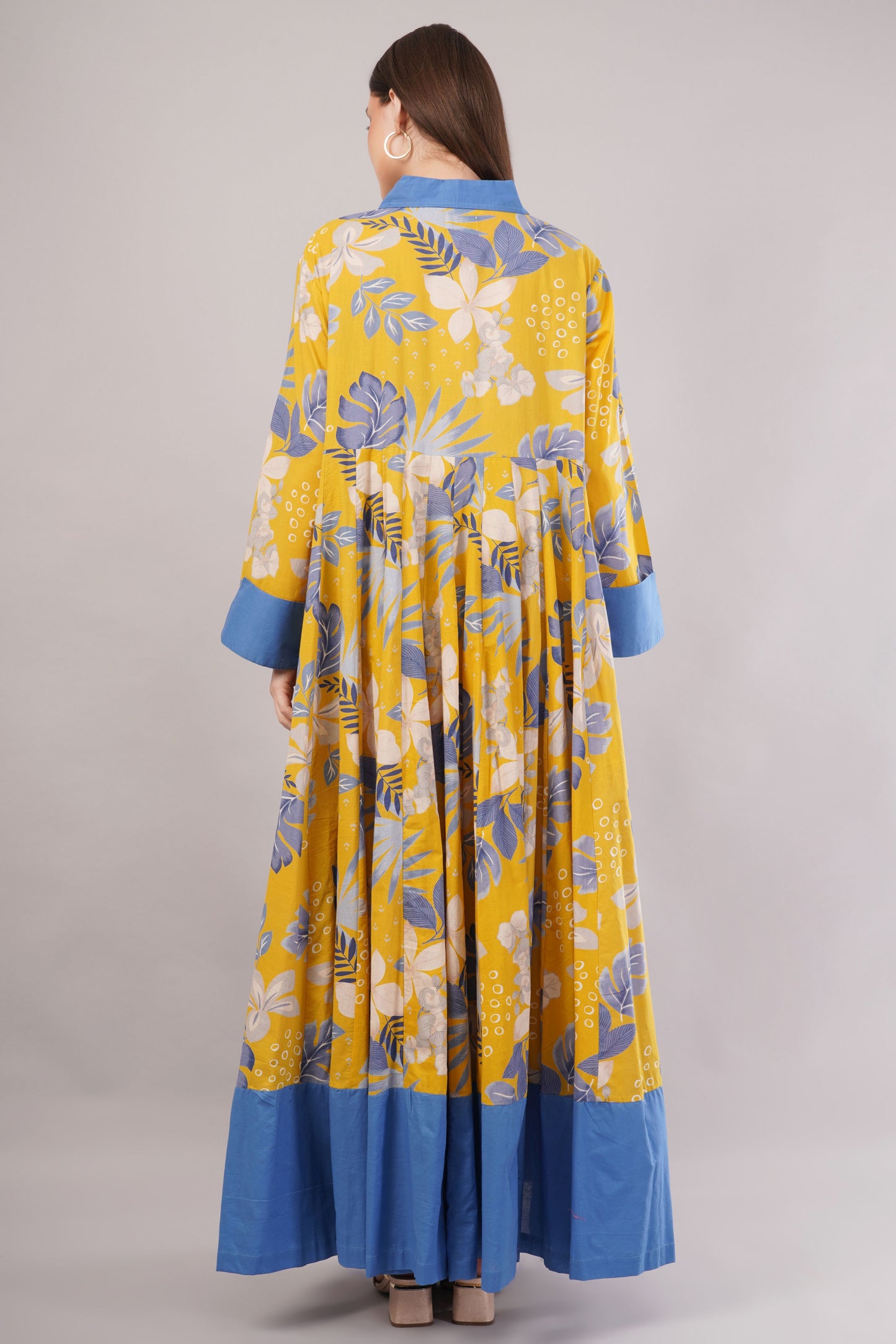 Yellow Floral Cotton Dress– Bright Blooms with Blue Collar & Hem