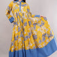 Yellow Floral Cotton Dress– Bright Blooms with Blue Collar & Hem