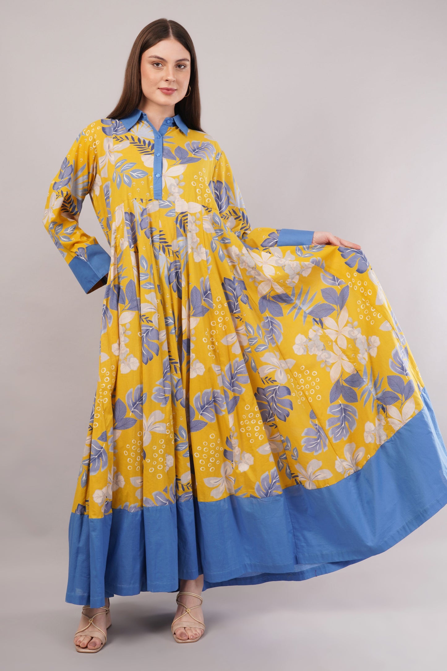 Yellow Floral Cotton Dress– Bright Blooms with Blue Collar & Hem