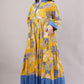 Yellow Floral Cotton Dress– Bright Blooms with Blue Collar & Hem