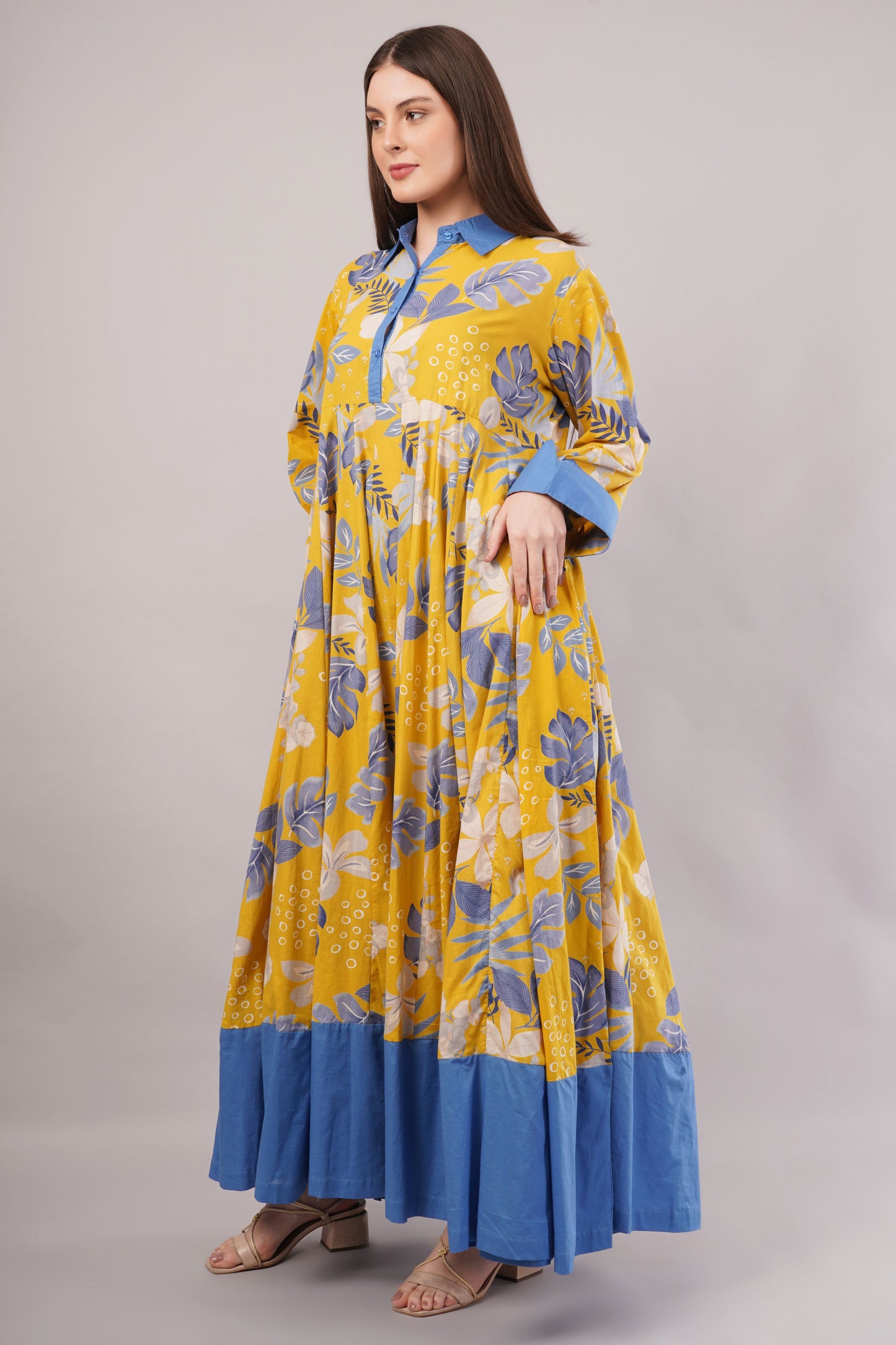 Yellow Floral Cotton Dress– Bright Blooms with Blue Collar & Hem