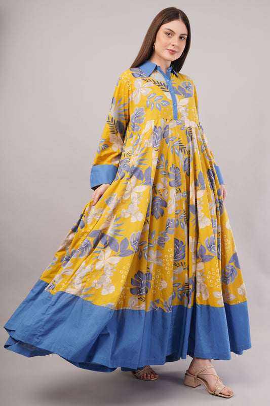 Yellow Floral Cotton Dress– Bright Blooms with Blue Collar & Hem